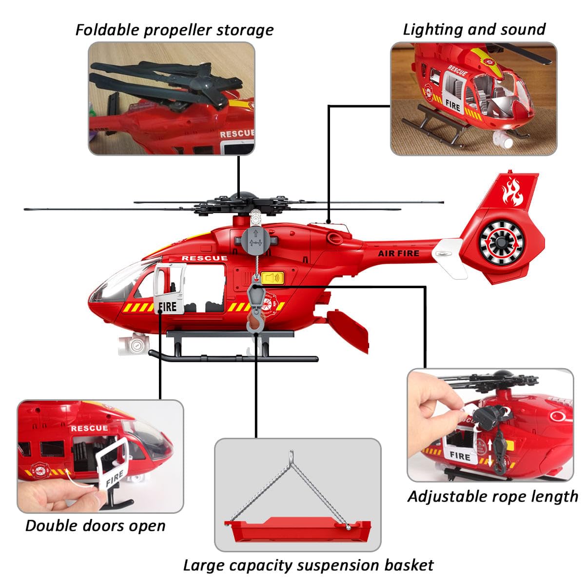 Firefighter Toys Helicopter 15-in Airplane Toys for Kids with Hanging Basket Sounds and Lights for Boys Ages 3 4 5 6 7