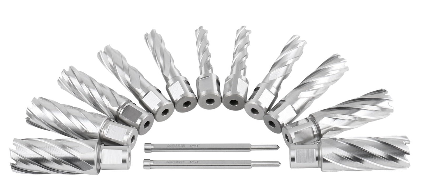 Accusize Industrial Tools 13 Pc 7/16'' to 1-1/16'' H.S.S. Annular Cutters, 2'' Cutting Depth, 3/4'' Weldon Shank, with 2 Pilot Pins, Strong Case, N2