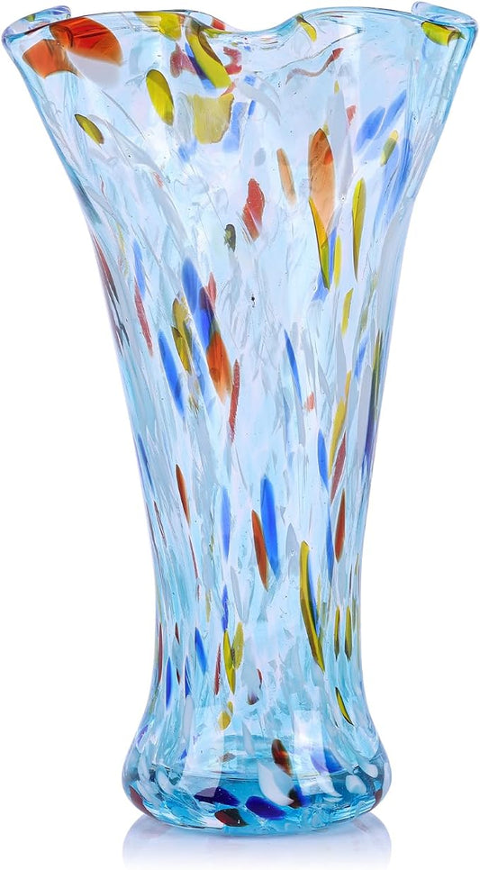 9.0" H Aqua Glass Vases for Flowers, Unique Hand Blown Glass Vase Aqua Home Decor, Wide Mouth Colorful Flower Vase Centerpieces, for Living Room Table Bookshelf, Bathroom Office Shelf Decorative