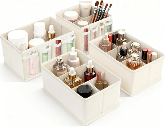 Cosmetic Storage Bins Makeup Organizer, Adjustable Multifunction Storage Box Desk Drawer Divider for Makeup Brushes, Bathroom Countertop or Dresser, Set of 4