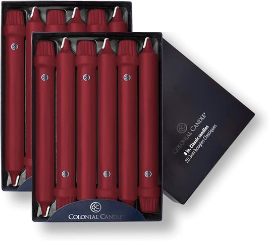 Colonial Candle Unscented Taper Candle, Classic Collection, Traditional Cranberry, 8 in, Pack of 12 - Up to 6 Hours Burn