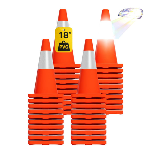 40 Pack 18 Inch Traffic Cones with Reflective Tape, Safety Road Parking Cones with Weighted Base, Collapsible PVC Construction, Orange Cones for Construction Zone, Event Barricade or Driveway