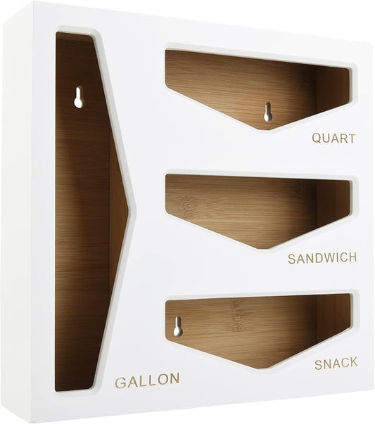 Bamboo Bag Storage Organizer for Kitchen Drawer, Baggie organizer, Compatible with Gallon, Quart, Sandwich and Snack Variety Size Bags (White)