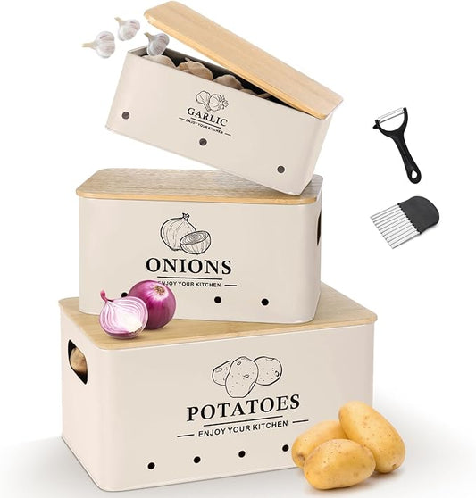 Kitchen Vegetable Storage Set of 3, Metal Onion Garlic Potato Storage Set, Kitchen Canisters Vegetable Keeper Containers with Aerating Holes and Bamboo Lid，Beige