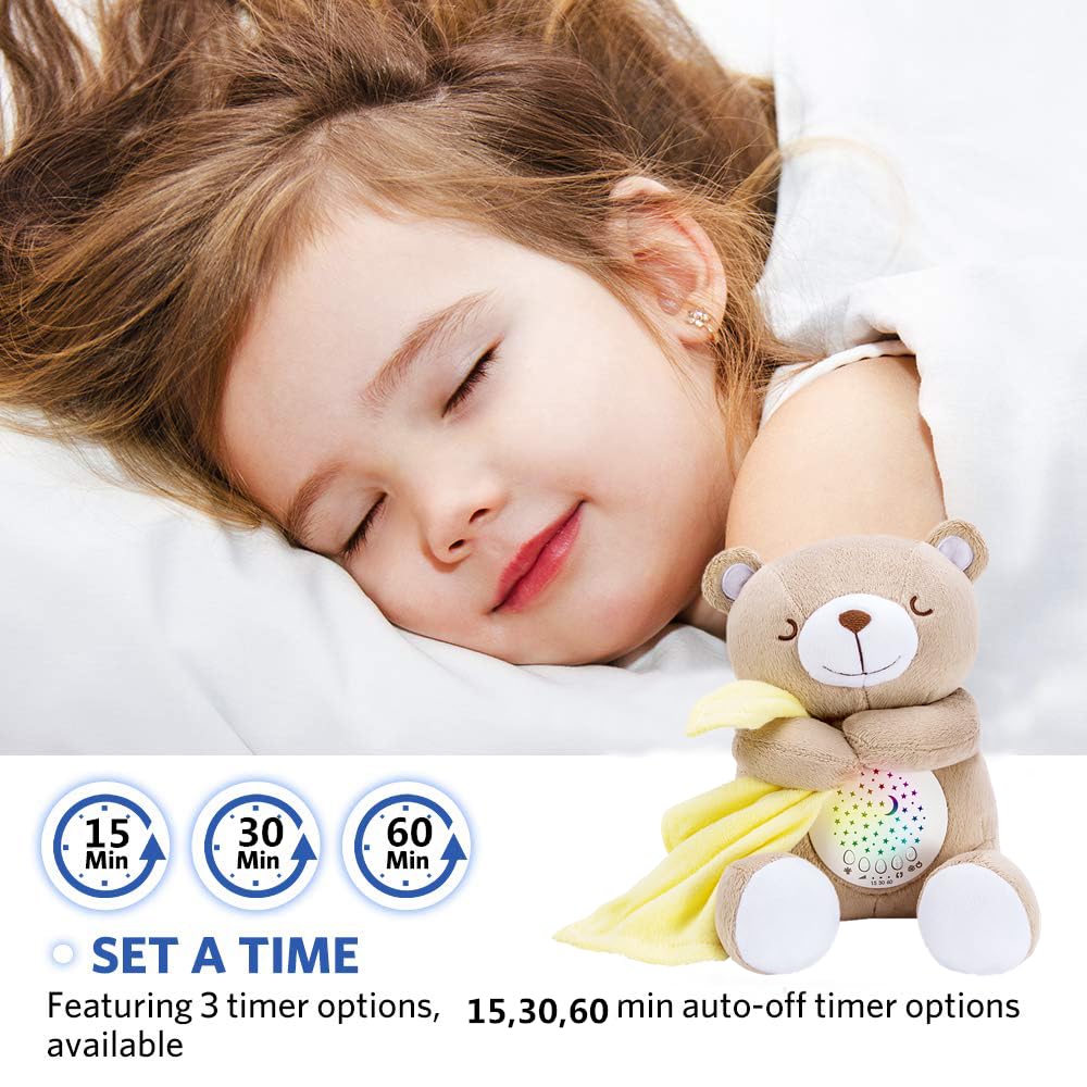 BEREST Rechargeable Baby Sleep Soother Bear, Nursery Decor Night Light Projector, Mom's Heartbeat Cry Sensor Lullabies White Noise Sound Machine, Toddler Crib Sleeping Aid Toys for Shower Gifts