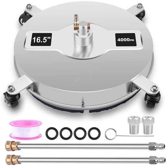 16.5" Pressure Washer Surface Cleaner for Karcher,Stainless Steel Power Washer Attachment with 4 Wheels,2 ExWands,2 Replacement Nozzle, 1/4" Quick Connector,5000 PSI (16.5")