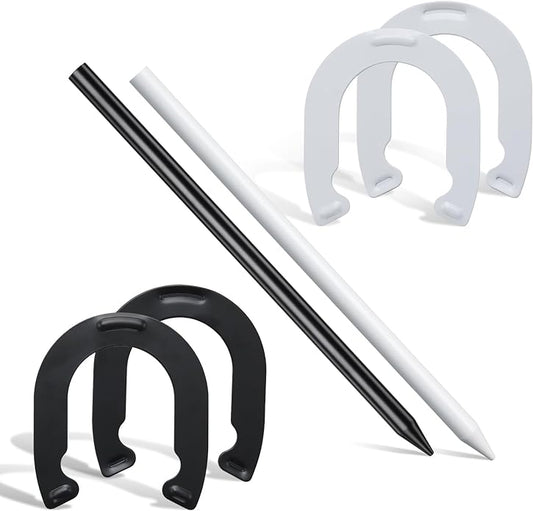 Horseshoes Outside Game for Kids, Metal Horse Shoes Game Kit Includes 4 Horseshoes 2 Stakes, Backyard Beach Outdoor Game for Kids （Not for Adultsï¼?White Black