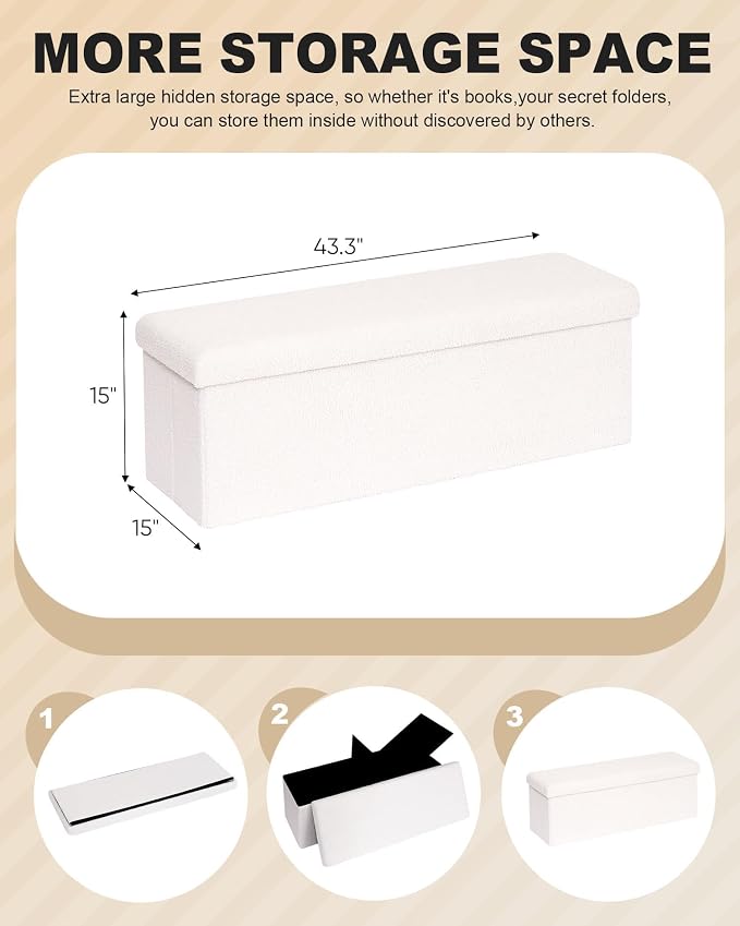 B FSOBEIIALEO Small Storage Ottoman Cube Sherpa Ottomans Foot Rest, Foldable Boucle Ottoman Bench, Faux Teddy Fur, Cream White 43.3"x15"x15"