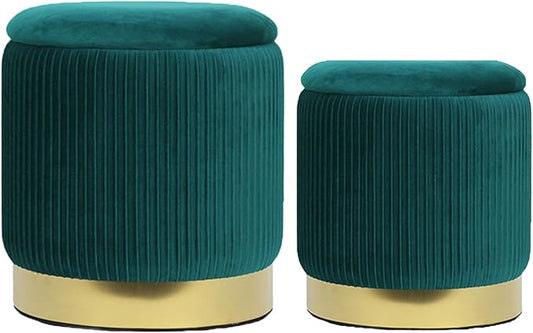 YYW HOME Green Velvet Round Storage Ottoman Set of 2 - Small Ottoman Coffee Table, Foot Stool, Removable Lid, for Living Room, Bedroom, Hallway, Assembly Free