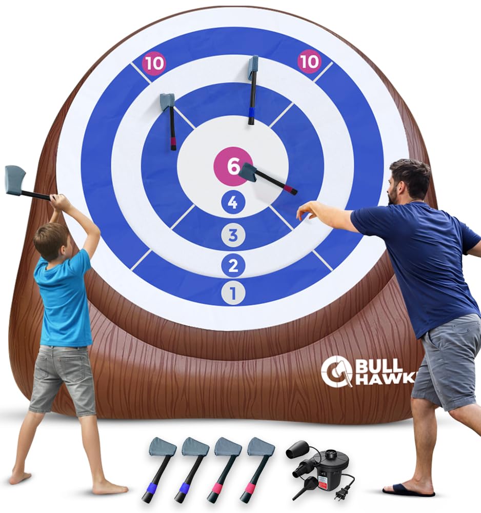Swooc Games® - XL Bull Hawker™ | Giant Axe Darts (Over 8ft Tall) w/ 15+ Games | Axe Throwing Game for Backyard w/Air Pump | Outdoor Games for Adults and Family | Carnival Game | Throwing Yard Fun