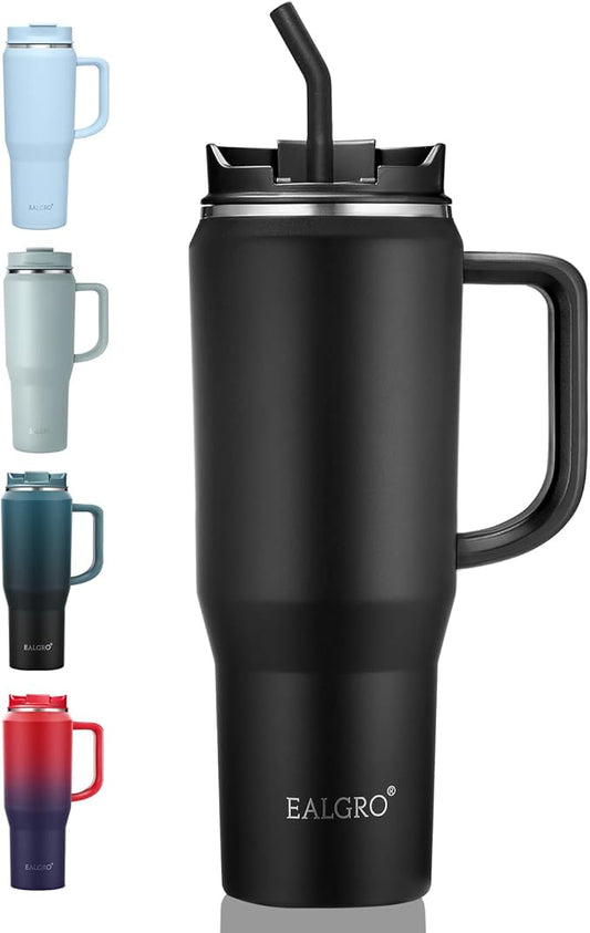 EALGRO 40 oz Tumbler with Handle, Insulated Tumblers with Lid and Straw, Large Metal Sports Water Bottle Jug, Thermal Stainless Steel Travel Coffee Mug Cup, Black