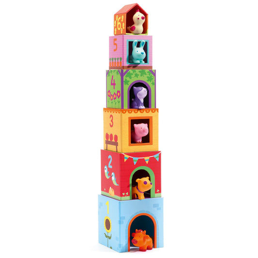 DJECO - Topanifarm Blocks - Build a Farm, Wooden Blocks & Animal Toys - Sorting & Stacking - Enhances Fine Motor Skills - Durable Playtime - Cute Design - Preschool Kids 18+ Months