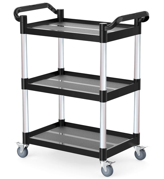 17Tek 3-Tier Rolling Utility Cart with Wheels,4 Lockable Casters, Plastic Service Cart with 510lbs Capacity, Commercial Service Cart on Wheels for Restaurant/Office/Warehouse/Kitchen/School, Black
