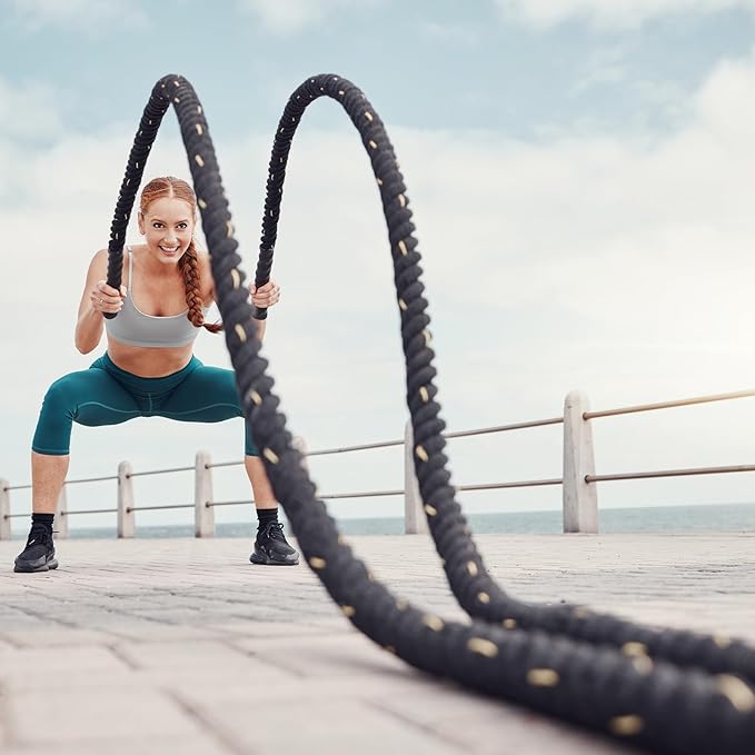 MECCANIXITY Battle Rope 50ft x 1.5 Inch Polyester Workout Rope Heavy Fitness Exercise Rope for Strength Training Home Gym Muscle Building, Black Yellow