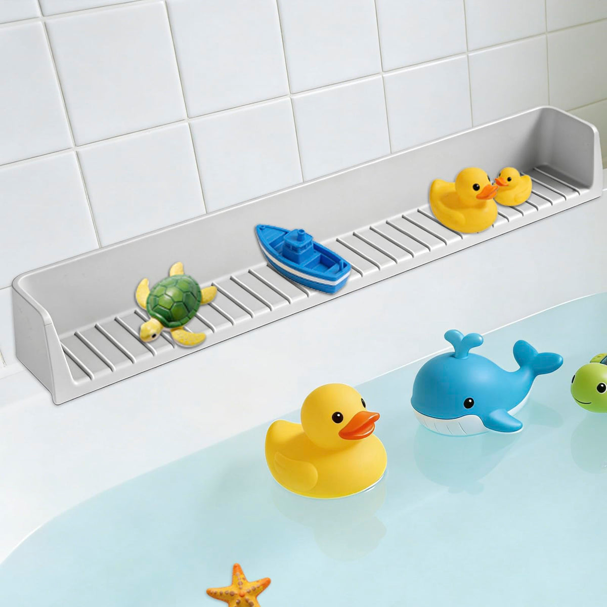 Longer Bathtub Splash Guard for Kids, Soft Silicone Tub Water Guards Toy Tray Holder for Toddlers, Bathtub Topper Splash Guard with Strong Suction Cups, Prevent Water Spills in Bathroom (2.6FT Grey)