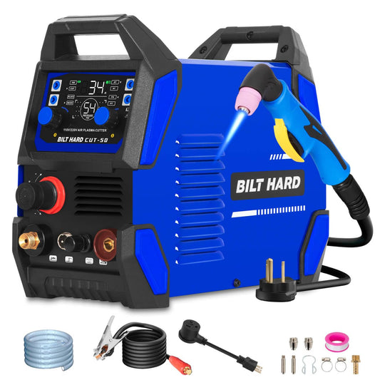 BILT HARD Plasma Cutter, 50A Plasma Cutting Equipment, Non Touch Pilot Arc, 110V/220V Dual Voltage, Digital Display Screen, DC Inverter IGBT Plasma Cutter Machine for Beginners