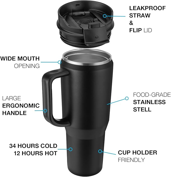 EALGRO 50 oz Tumbler with Handle, Insulated Tumblers with Lid and Straw, Large Metal Sports Water Bottle Jug, Thermal Stainless Steel Travel Coffee Mug Cup, Army Green