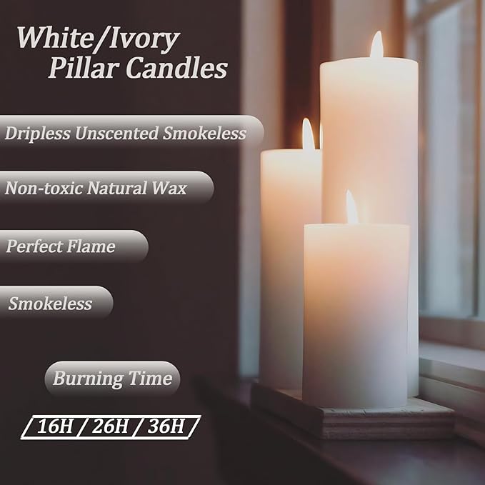 36 Pcs White Pillar Candles Bulk Set，Hurricane Candlesï¼? Different Lengths 2 x 3/4/6 Inch (12 Each)，Dripless Unscented Smokeless，Gives You a Better Atmosphere When Organizing an Event Party.