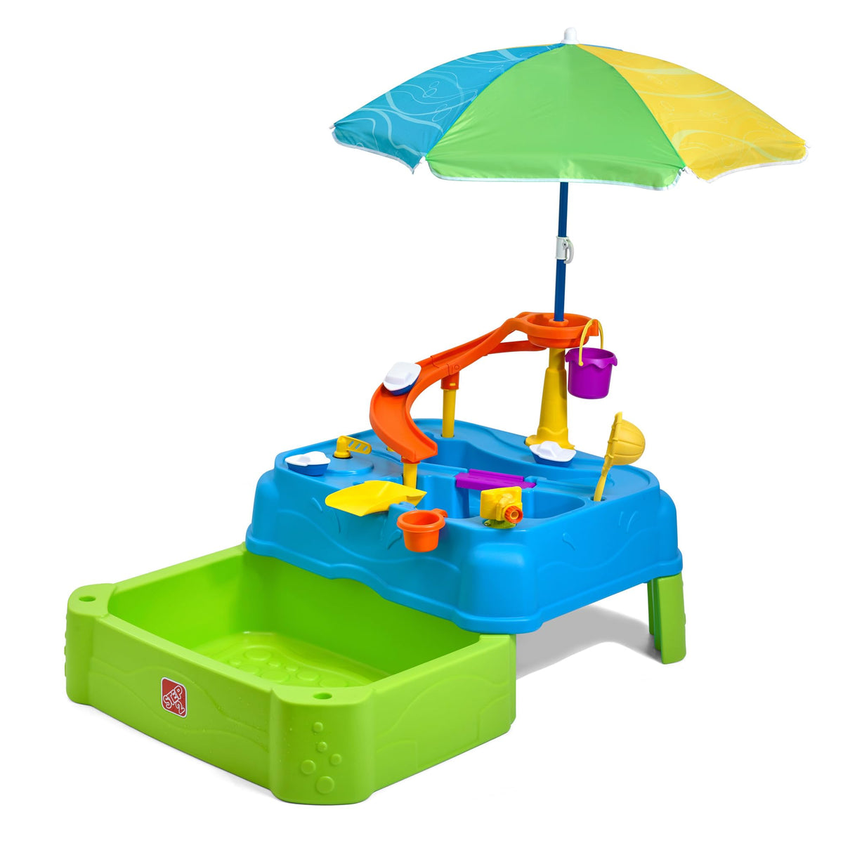 Step2 Waterpark Wonders Two Tier Water Table, Kids Water Activity Sensory Playset with Umbrella, Garden Hose Sprinkler Attachment, 11 Piece Accessories, Outdoor Summer Toy, Ages 18 Months+, Blue