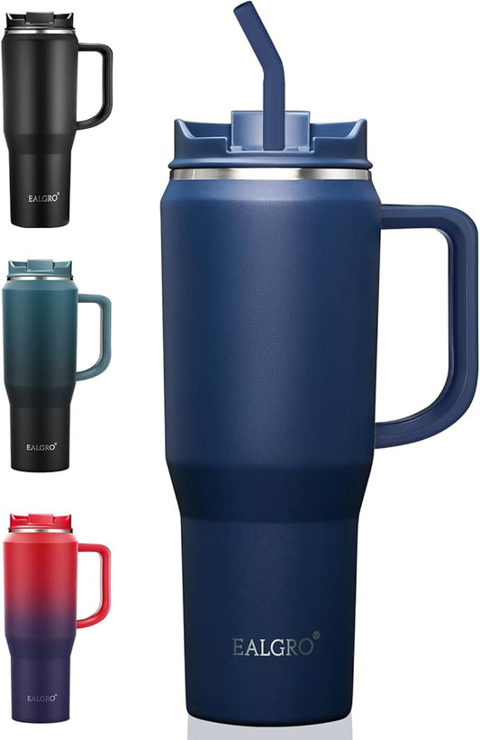 EALGRO Insulated Coffee Mug Cup with Lid, 40 oz Tumbler with Handle and Straw, Double walled Stainless Steel Coffee Tumbler, Thermal Water Bottle Jug, Navy Blue
