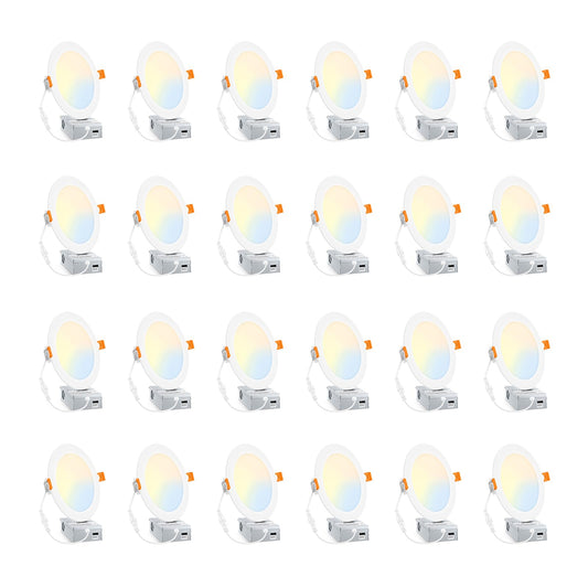 BesLowe 24 Packs 6 Inch 5CCT LED Recessed Ceiling Lights Ultra-Thin with Junction Box, 12W 150W Eqv, 3000K/3500K/4000K/5000K/6500K, 1200LM Dimmable Canless Downlights for Kitchen Hallway Dining Room