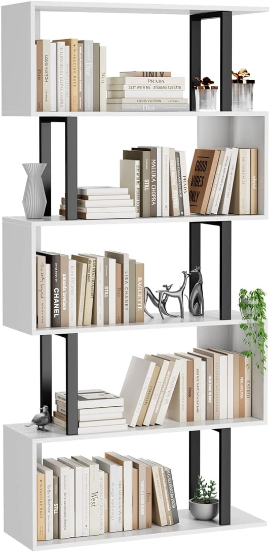 Gadroad 5 Tier Geometric Bookcase,S Shaped Bookshelf, Wood Decorative Storage Shelving, Modern Freestanding Display Shelves, Tall Book Shelf Unit for Living Room Bedroom, White
