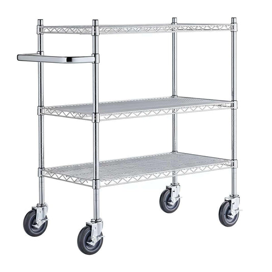 18" x 41 3/4" x 39" Commercial NSF Chrome 3 Shelf Metal Utility Cart with U-Shaped Handle - Heavy-Duty Wire Rolling Cart with Casters, Mobile Serving Storage Cart for Warehouse, Office, Kitchen
