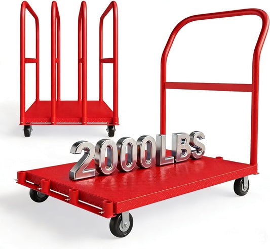 2-in-1 Drywall Dolly Cart, Heavy Duty 2000LBS Capacity Panel Cart Dolly, 41x24 Inch Platform Truck with 1 Front and 4 Side Handrials, 5" Swivel Brake for Warehouse Garage Moving, Red