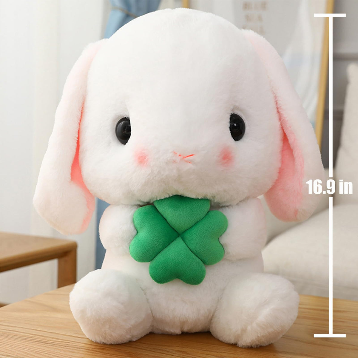 HOUPU Soft Toy - Sitting Lop Eared Rabbit, Easter White Rabbit Stuffed Bunny Animal with Carrot Soft Lovely Realistic Long-Eared Standing Pink Plush Toys (White-Four Leaf,16.9in/43cm)