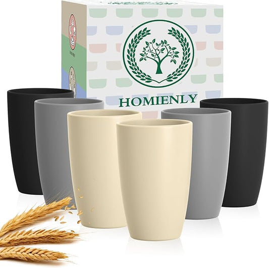Homienly Premium Wheat Straw Cups, 20oz Lightweight and Unbreakable Drinking Cups Set of 6, Reusable Water Glasses Microwave and Dishwasher Safe Cup Set for Coffee, Milk, Juice - GreyStone
