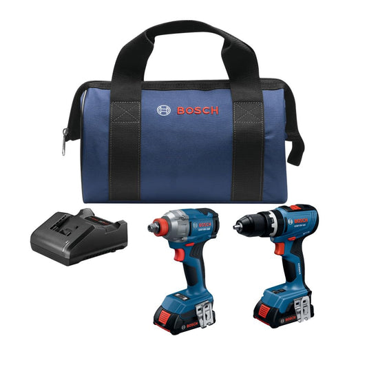 BOSCH GXL18V-241B22 18V 2-Tool Combo Kit - Includes 1/2 In. Hammer Drill/Driver, 2-in-1 Impact Driver/Wrench, (2) 2 Ah Batteries, Charger, Belt Clips, and Carrying Bag