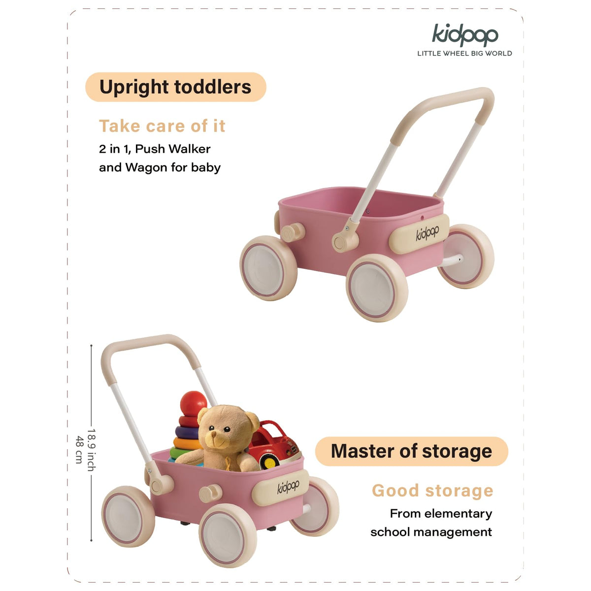 PULA Baby Push Walker with Wheels Toddler Wagon for First Learner Baby Toys 6-12 Months, 1 Year Old Birthday Gifts, Indoors and Outdoors (Pink)