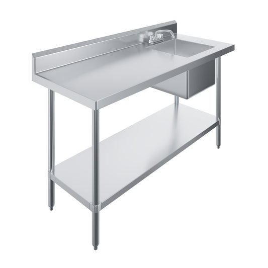 60 Inch Stainless Steel Work Table with Sink, 24 in. x 60 in. Commercial Prep Table with Right Side Sink, Faucet & Undershelf, Heavy Duty Kitchen Utility Workstation, NSF