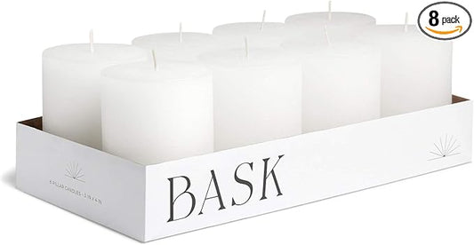 Mottled Pillar Candles by Bask - Set of 8-3" x 4" Dripless Unscented Candles in White for Home Decor, Relaxation & All Occasions