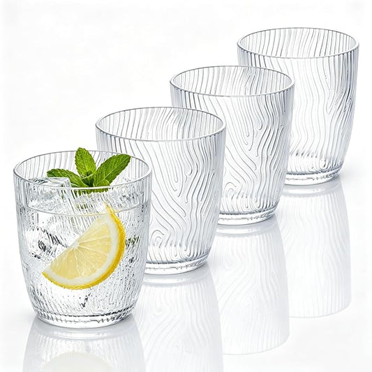 4 PCS Clear Acrylic Drinking Cups Reusable, Plastic Drinking Glasses, Acrylic Glasses Drinkware Stackable, Unbreakable Water Tumblers, Premium Textured, BPA Free, Dishwasher Safe, 330 ml/11.2 oz