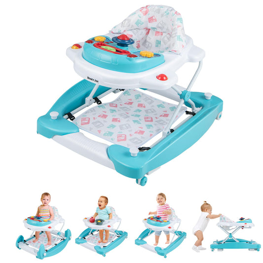 HONEY JOY Baby Walker, 6-in-1 Foldable Baby Walker and Bouncer Combo, Infant Activity Walker with Wheels, Adjustable Heights, Rocker, Music, Lights, Walker for Baby Boy Girl 7-14 Months (Green)