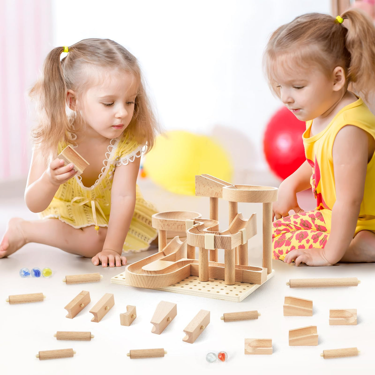Wooden Marble Runs for Kids 4-8, 34 Pcs Marble Rush Track Maze Construction Play Set, STEM Learning Toys, Wood Building Blocks Toys, Gift for Boys & Girls