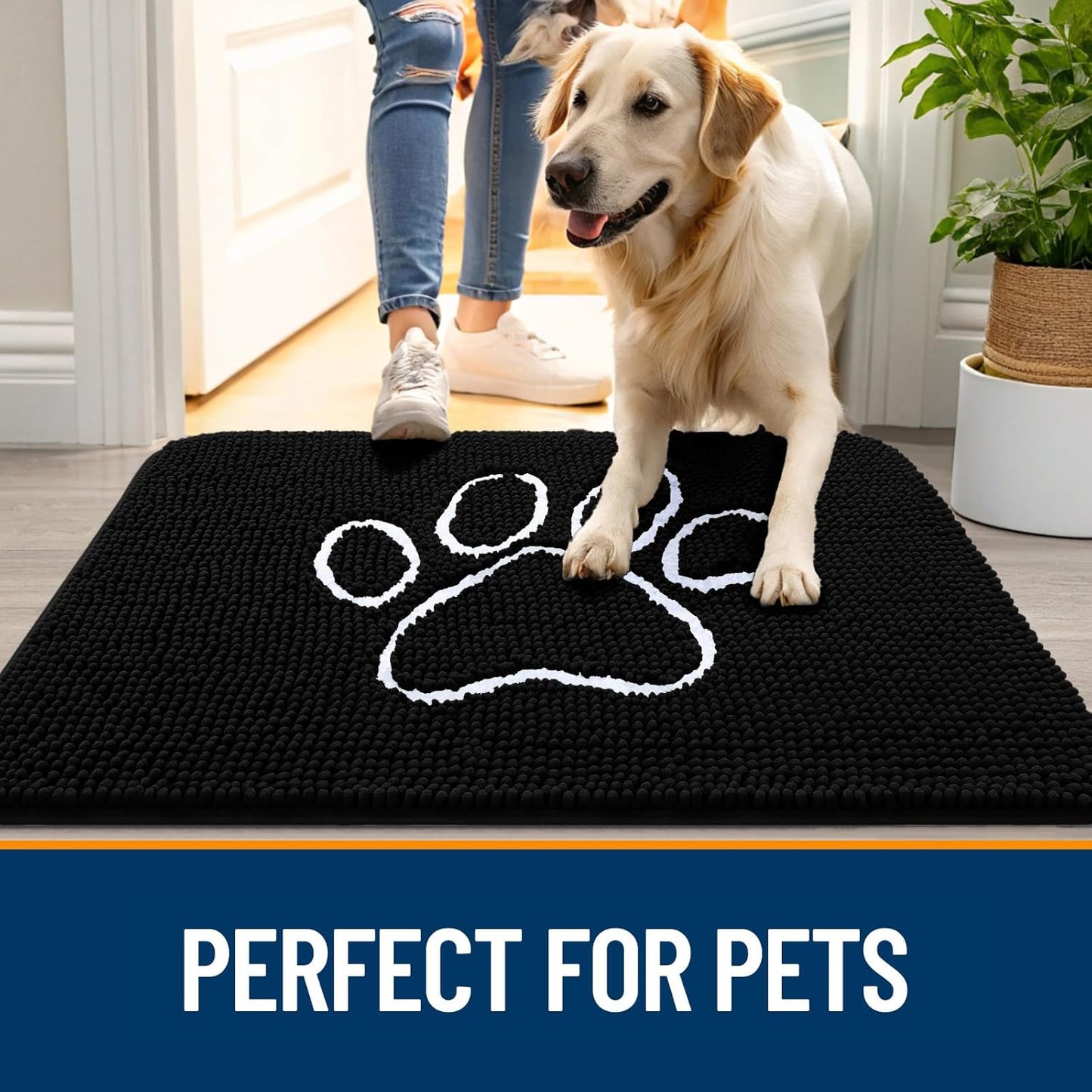 OLANLY Dog Door Mat - Absorbent Non-Slip Mud Mat for Muddy Paws | 45x27 Inches, Black Paw Print Design