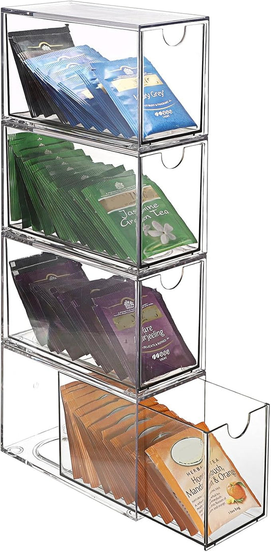 ELLDOO 4 Drawers Tea Bag Organizer, Clear Acrylic Stackable Tea Bag Storage Holder for Kitchen Pantry, Coffee Pod Snack Storage for Countertop Cabinet