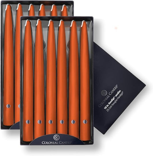 Colonial Candle Unscented Taper Candle, Handipt Collection, Pumpkin, 10 in, Pack of 12 - Up to 8 Hours Burn
