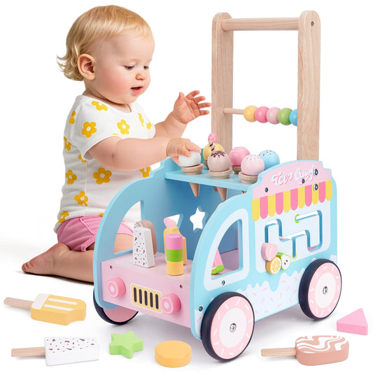 Wooden Baby Walker with Wheels for Girls, Toddler Play Store Ice Cream Toy, Multifunctional Ice Cream Cart with Baby Activity Center, Push Walking Toys Gift for 18+ Months Kids Learning to Walk