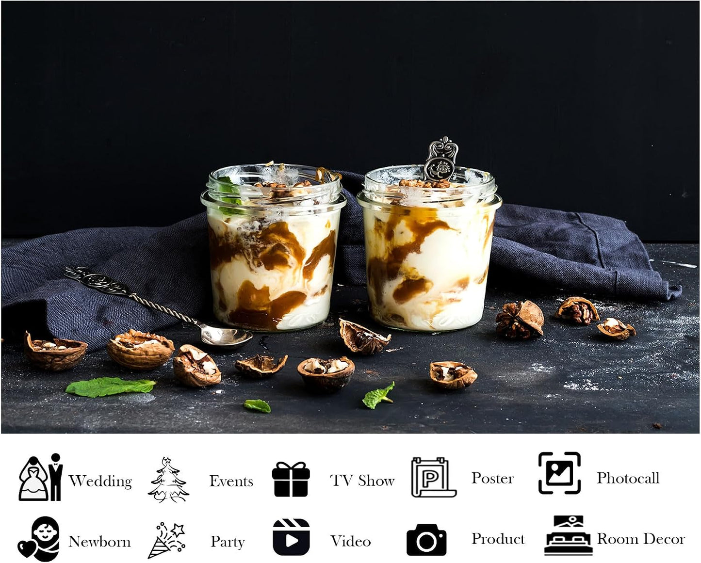 LidyMini 10x7ft Fabric Yogurt Parfaits with Caramel and Walnuts Backdrop Dark Moody Surface Mint Leaves Photography