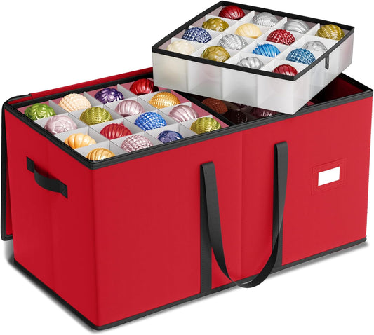SONGMICS Christmas Ornament Storage Box - Stackable Dual Zipper Container with 128 Slots - Cherry Red, 600D Oxford
