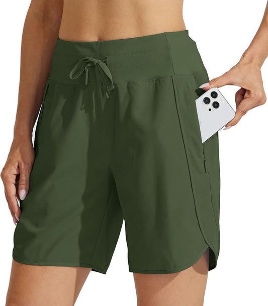 Willit Women's 7" Athletic Running Shorts Long Workout Hiking Shorts Quick Dry High Waisted Active Zipper Pocket(Small)