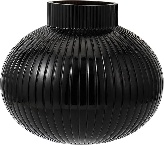 Black Glass Vase, Flower Vases for Bouquet, Ribbed Glass Vases for Flowers, Small Black Vase for Living Room, Office, Coffee Table, Shelf, Wedding, 6 Inches