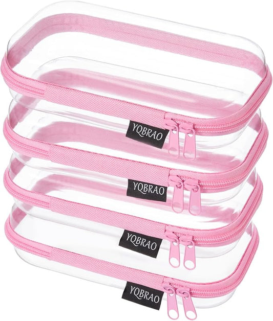 YQBRAO 4-Pack Clear Hard Shell Zipper Case, 1.2mm Ultra-Thick Diaper Bag Organizer Pouches, Rigid Self-Standing Travel Makeup Bags with YKK Zippers, TSA Approved, Pink