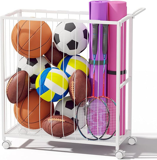 Ball Storage Bin Rolling Sports Ball Cart, Metal Garage Organizer Sport Rack, Ball Basket Storage, Ball Cage for Garage or Gym, Indoor & Outdoor Sports Equipment Organizer white