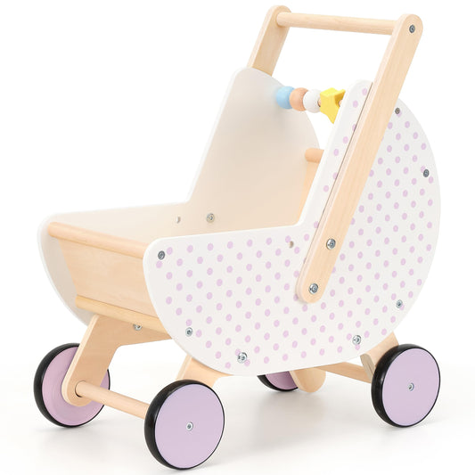 Pillowhale Wooden Baby Walker & Doll Stroller – Adjustable Handle Push Cart, Anti‑Tip, Quiet Wheels, Pretend Shopping Cart – Montessori Wooden Walker for Babies, Doll Stroller for Toddlers 12m+