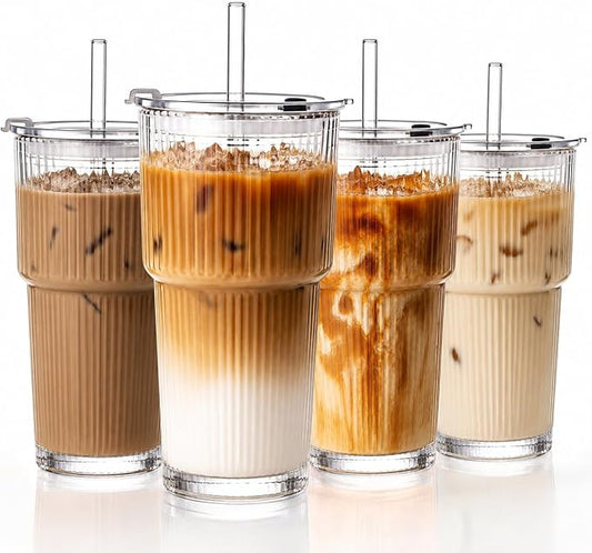 GOSCHE 20oz Glass Tumblers with Straws and Lids, Ribbed Iced Coffee Cups Leak-proof, Dishwasher Safe, Thickened Glass Cups with Lids Ideal for Coffee and Travel, Clear, 4 Pack