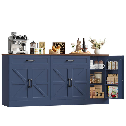 BOTLOG 71” Large Sideboard Buffet Cabinet with Storage, Farmhouse Buffet Cabinet with Adjustable Shelves and 3 Door Shelves, Wood Coffee Bar Console Table for Kitchen, Dining Room (Blue)